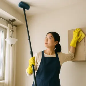 一個女人穿著圍兜袋這手套正一手拿著長刷一手拿著抹布在打掃高處的蜘蛛網