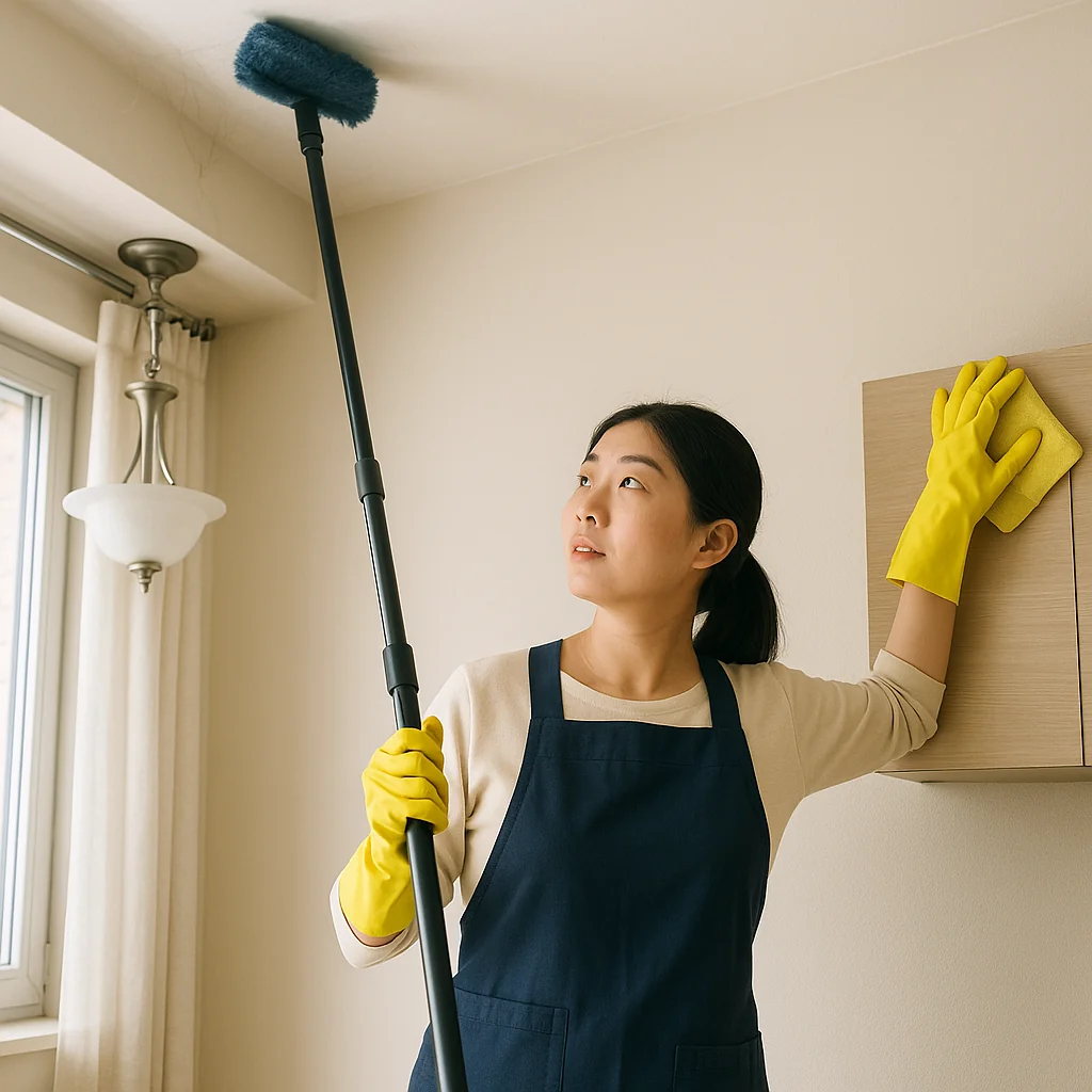 cleaning-guide-tips-3 一個女人穿著圍兜袋這手套正一手拿著長刷一手拿著抹布在打掃高處的蜘蛛網