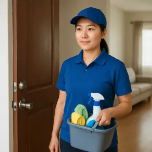 清潔人員小姐帶著工作帽穿著制服帶著一盒自己的工具進到客戶家