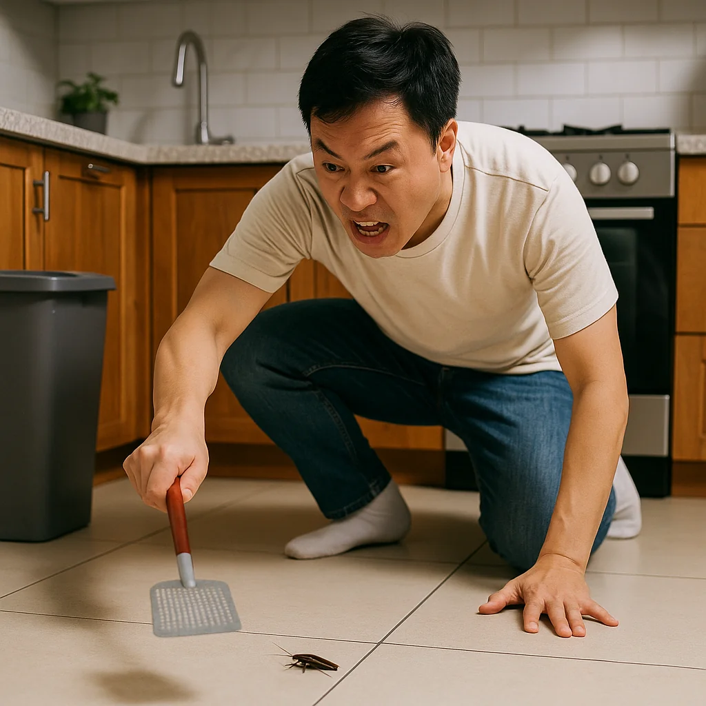 roach-prevention-1 一個男人看到廚房地上有蟑螂,用蒼蠅拍打,臉色是驚恐的!