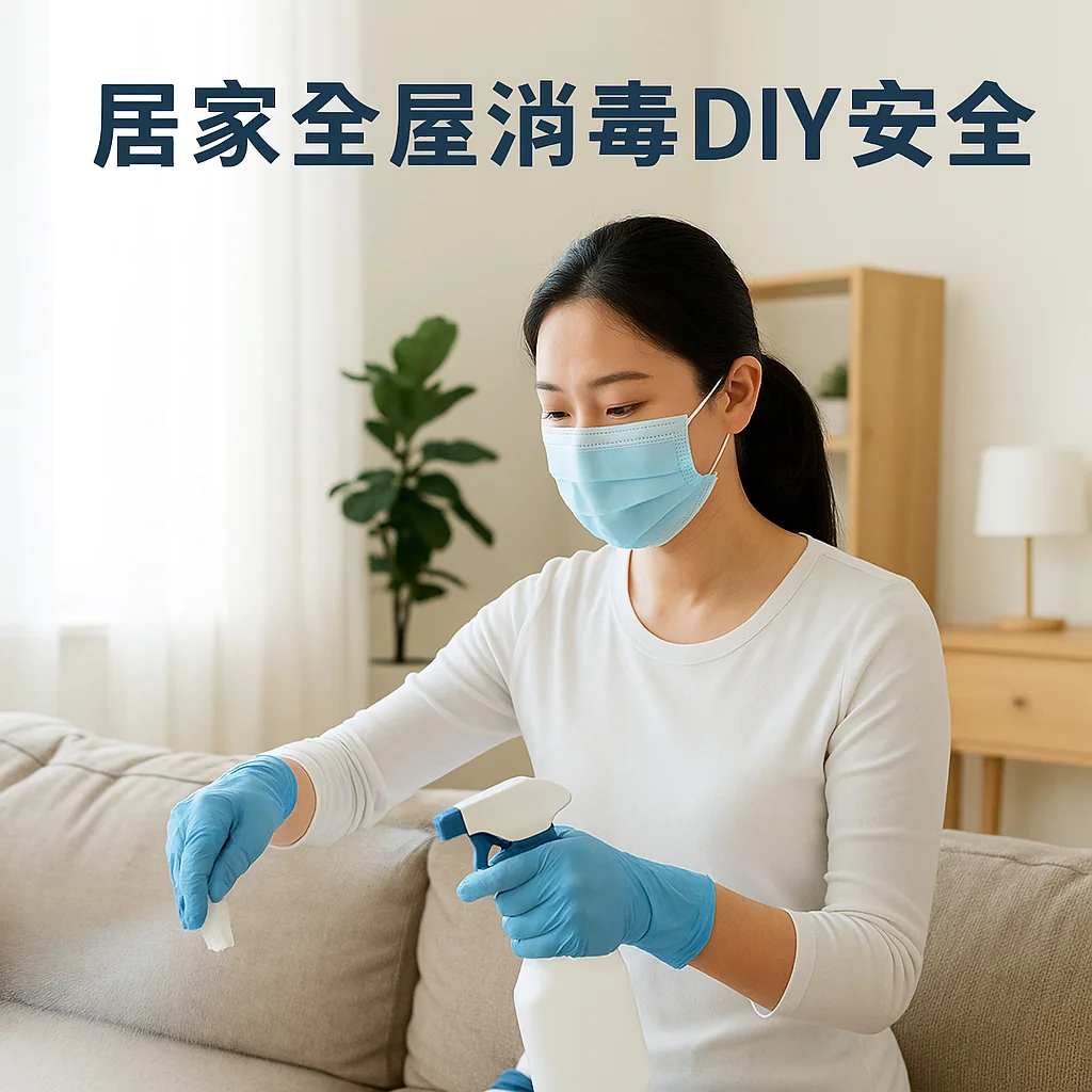 home-disinfection-2 一個主婦戴好口罩跟手套把消毒水噴在布上