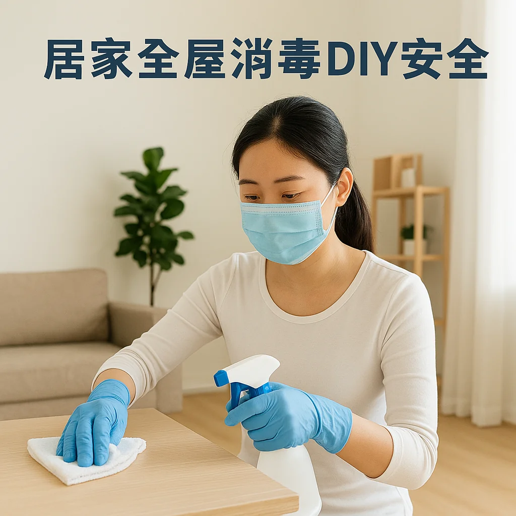 home-disinfection-3 一個主婦戴好口罩跟手套把消毒水噴在布上擦桌面