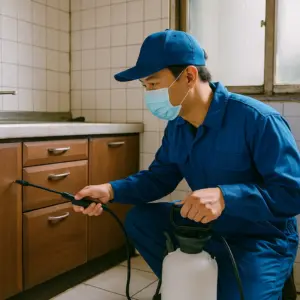 除蟲公司人員帶著大罐除蟲噴霧往廚房的櫥櫃內噴灑藥劑