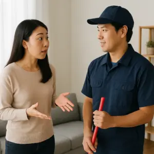 客戶跟清潔人員載客廳溝通的場景