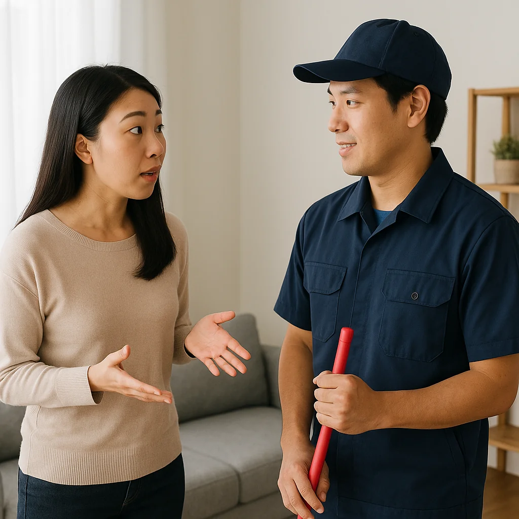 客戶跟清潔人員載客廳溝通的場景