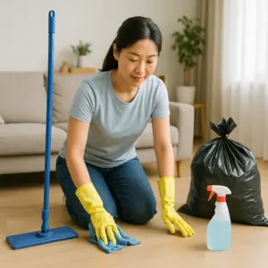 清潔人員邊打掃邊收拾垃圾打包
