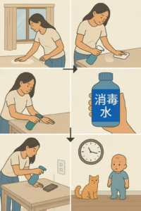 消毒步驟圖解用消毒水擦拭桌面手機開關等等人體會接觸到的地方，先把小孩跟寵物移動出去，至少過半天才能入內