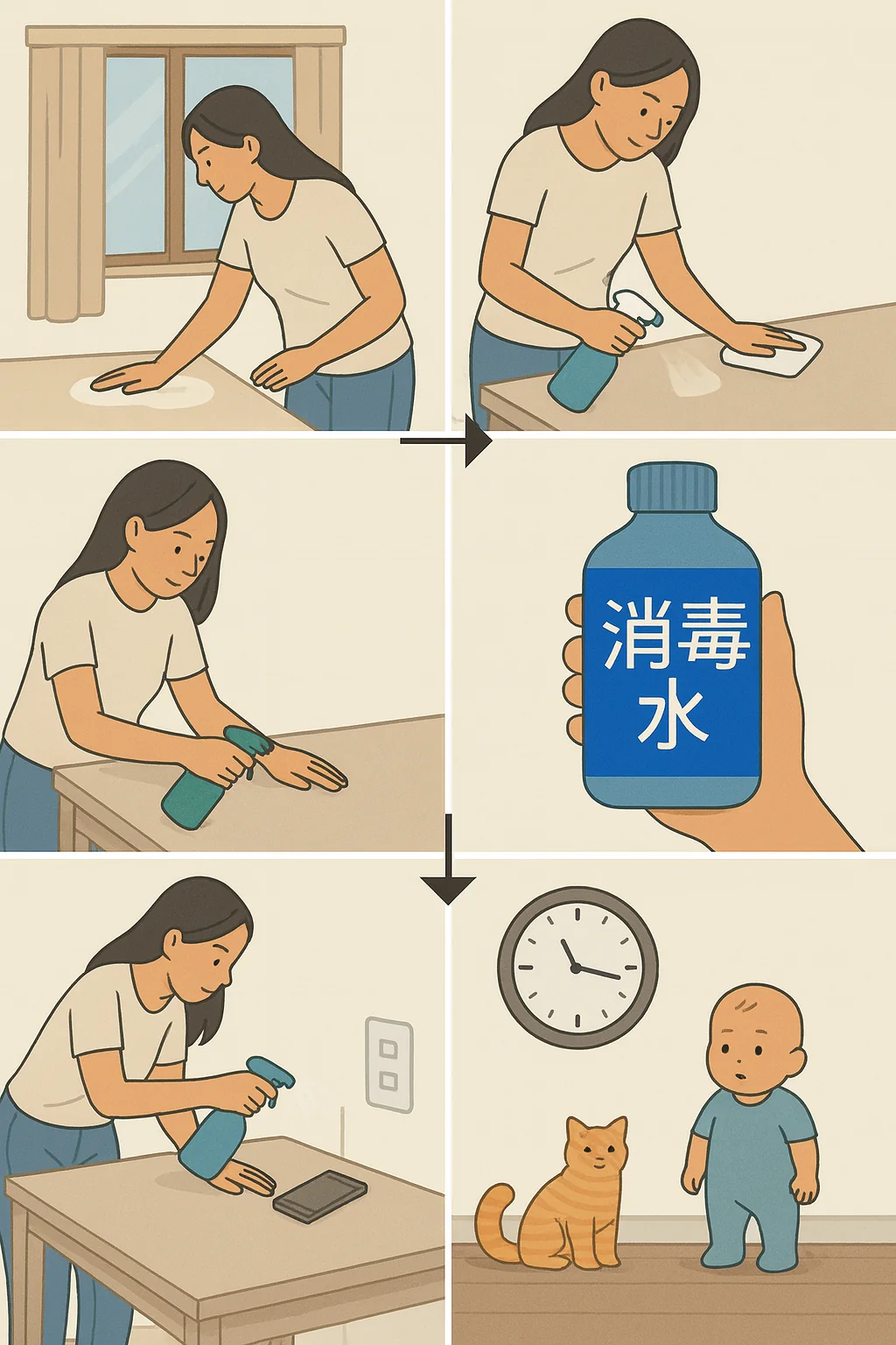 消毒步驟圖解用消毒水擦拭桌面手機開關等等人體會接觸到的地方，先把小孩跟寵物移動出去，至少過半天才能入內