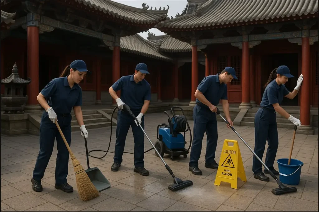 temple-clean-pro-4 四個清潔人員用機器跟工具在刷洗廟宇的地板