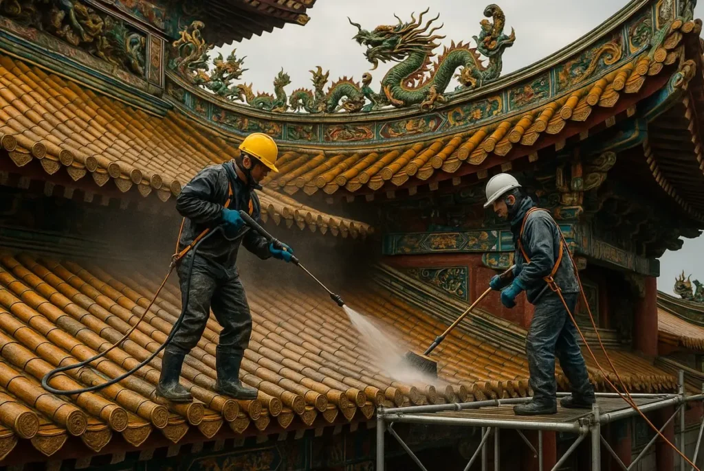 temple-clean-pro-3 二個清潔人員有一個站在鷹架上有一個站在廟宇屋頂尚在沖洗屋頂的瓦片