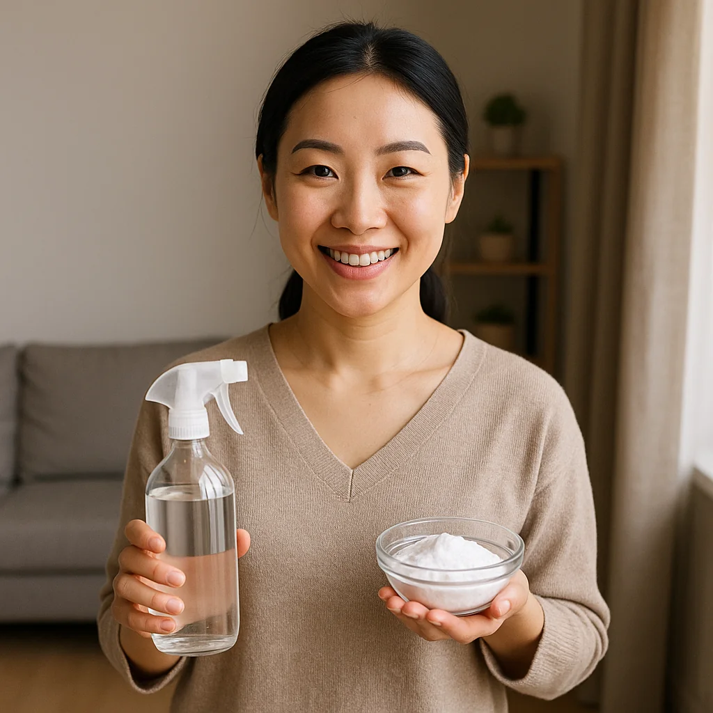 free-cleaning-1 主婦一手拿著小蘇打粉一手拿著裝白醋的噴瓶