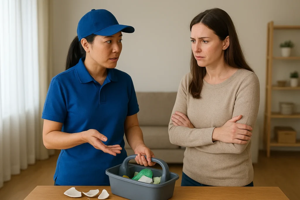 cleaning-warranty-2 清潔人員告知客戶東西因為打掃布注意而損壞,客戶很難過地聽著清潔人員說話