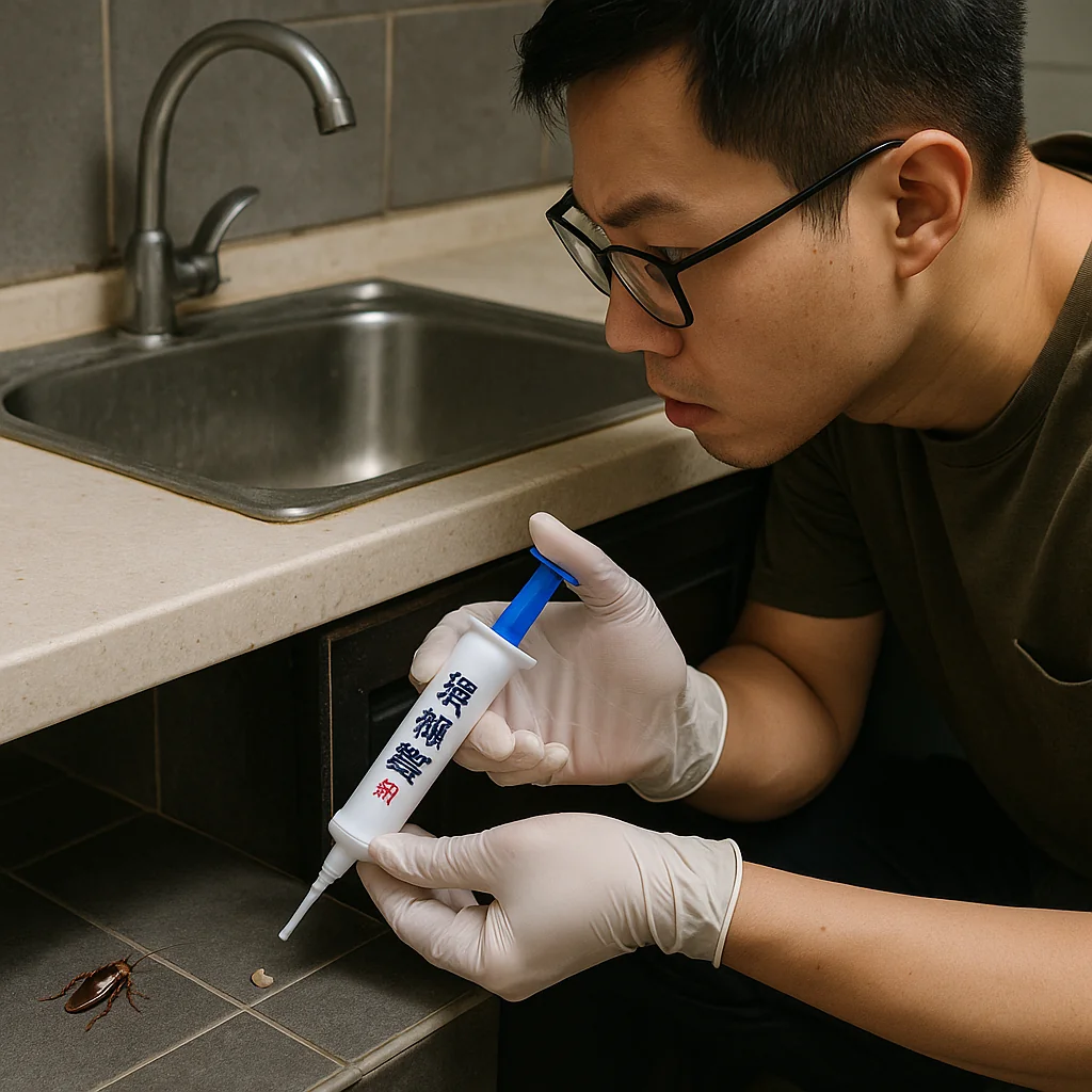 roach-prevention-3 一個男人在廚房水槽下部明顯處點上蟑螂餌劑,要吸引蟑螂來吃,然後回去團滅蟑螂本營