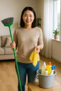 一個主婦準備簡單的清潔工具:水桶、掃把、抹布、清潔劑