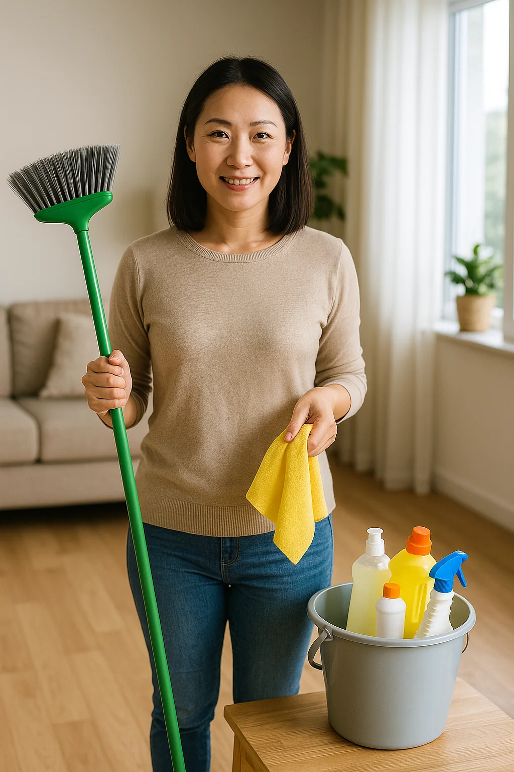 一個主婦準備簡單的清潔工具:水桶、掃把、抹布、清潔劑