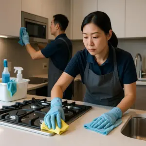 2個清潔人員清理廚房髒污