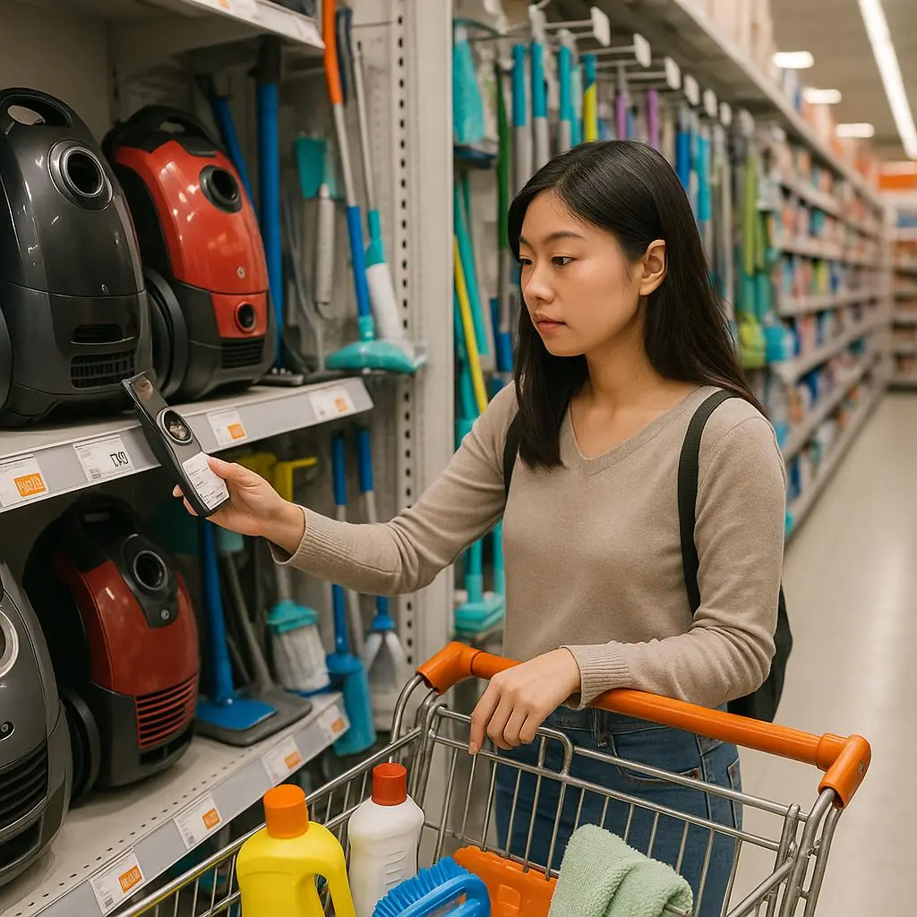 shopping_cleaning_tools 主婦去五金行選購打掃家裡要用的吸塵器