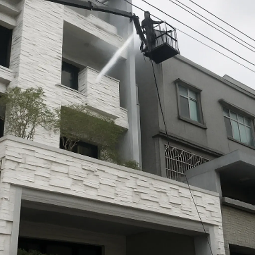 清潔人員做吊車上去用高壓水槍清洗外牆
