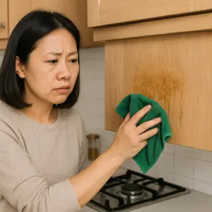 櫥櫃的櫃面沾到油汙，主婦正用抹布擦拭
