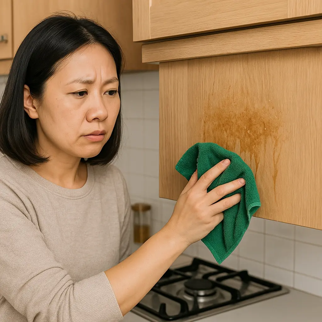 櫥櫃的櫃面沾到油汙,主婦正用抹布擦拭