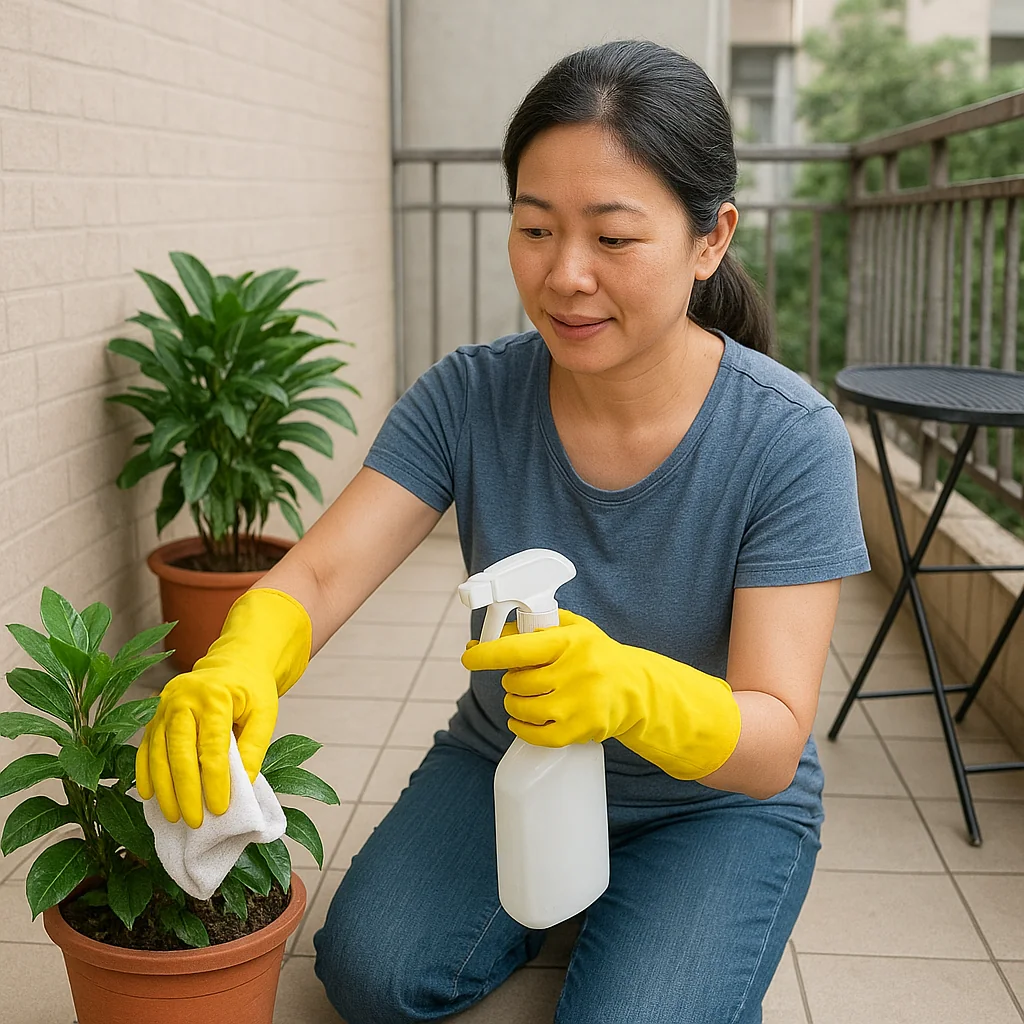 balcony-wash-2 主婦擦盆栽樹葉的灰塵