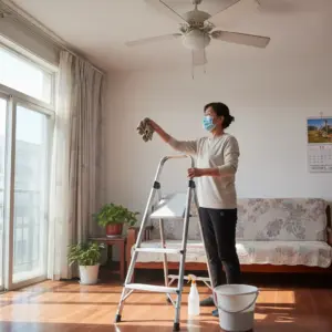 清潔吊風扇燈準備A字梯+水桶+抹布+清潔劑