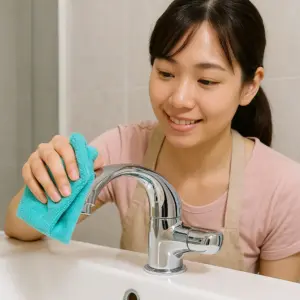 一個主婦用乾布擦拭水龍頭使之光亮