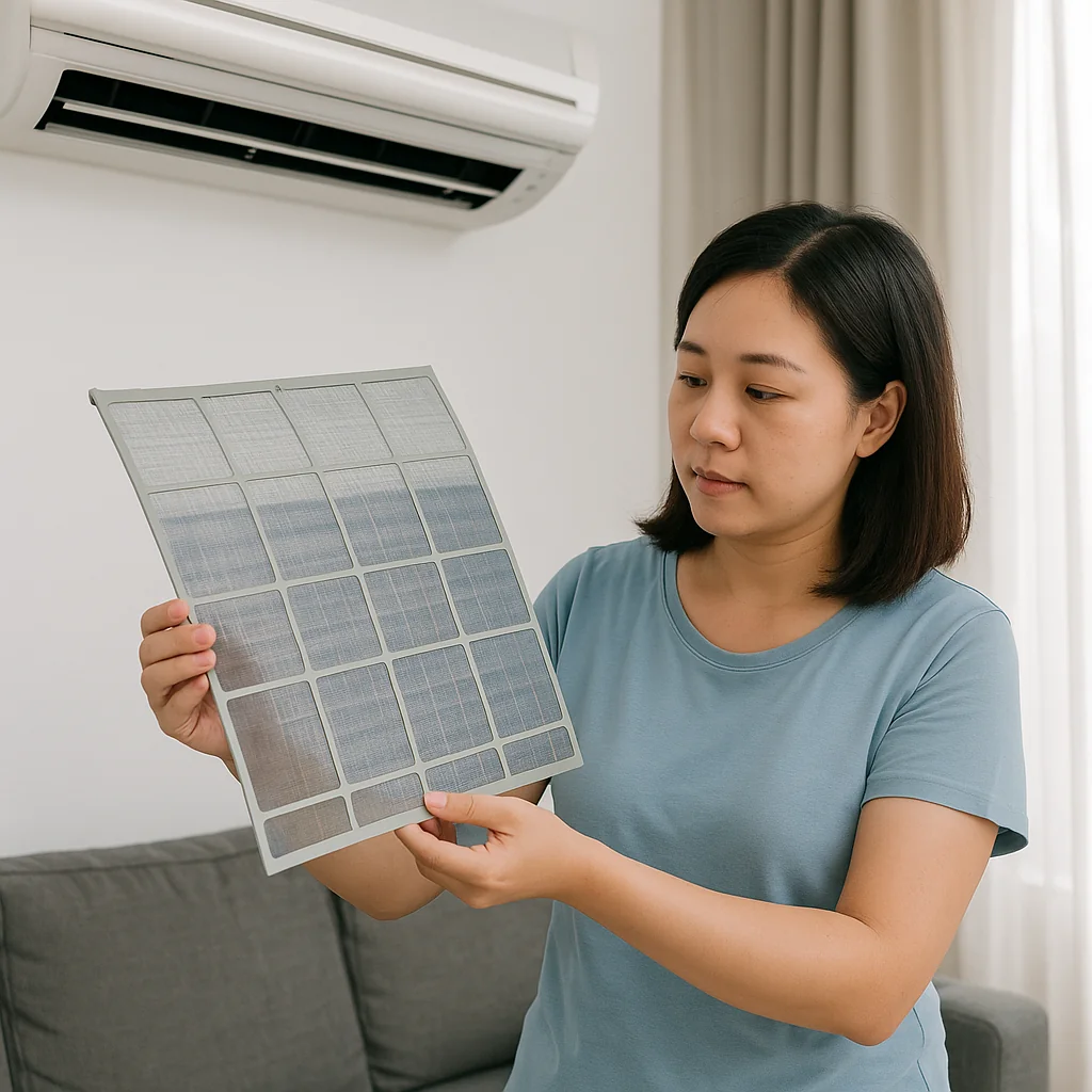主婦拆下冷氣濾網準備 清洗