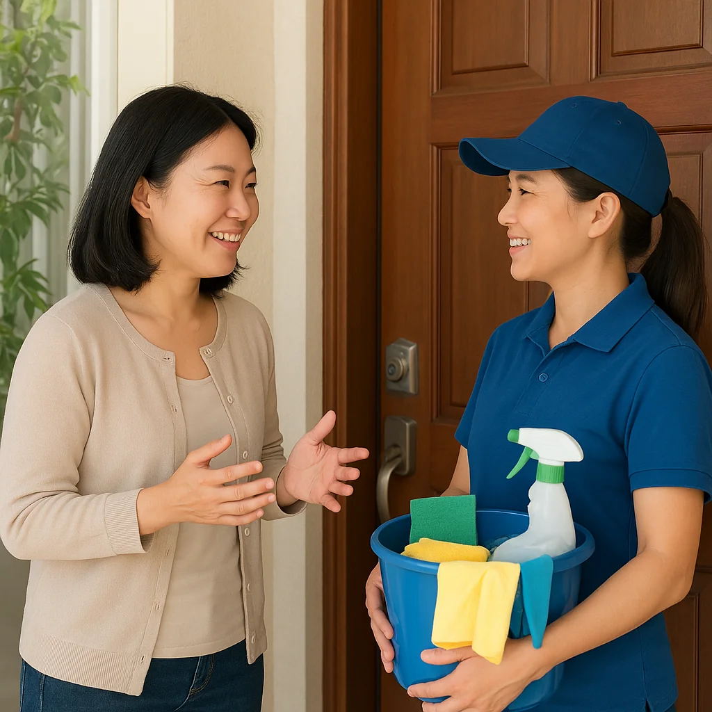 主婦到門口接清潔員，主婦跟清潔員都很開心