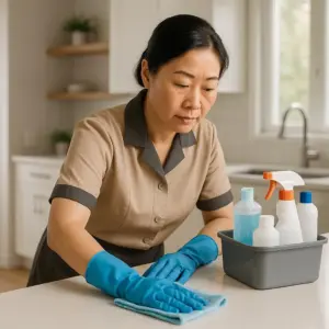 一個清潔員在擦拭客廳桌面，旁邊有藥劑箱裝著藥劑
