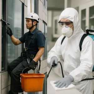 二個清潔人員作外牆高空作業