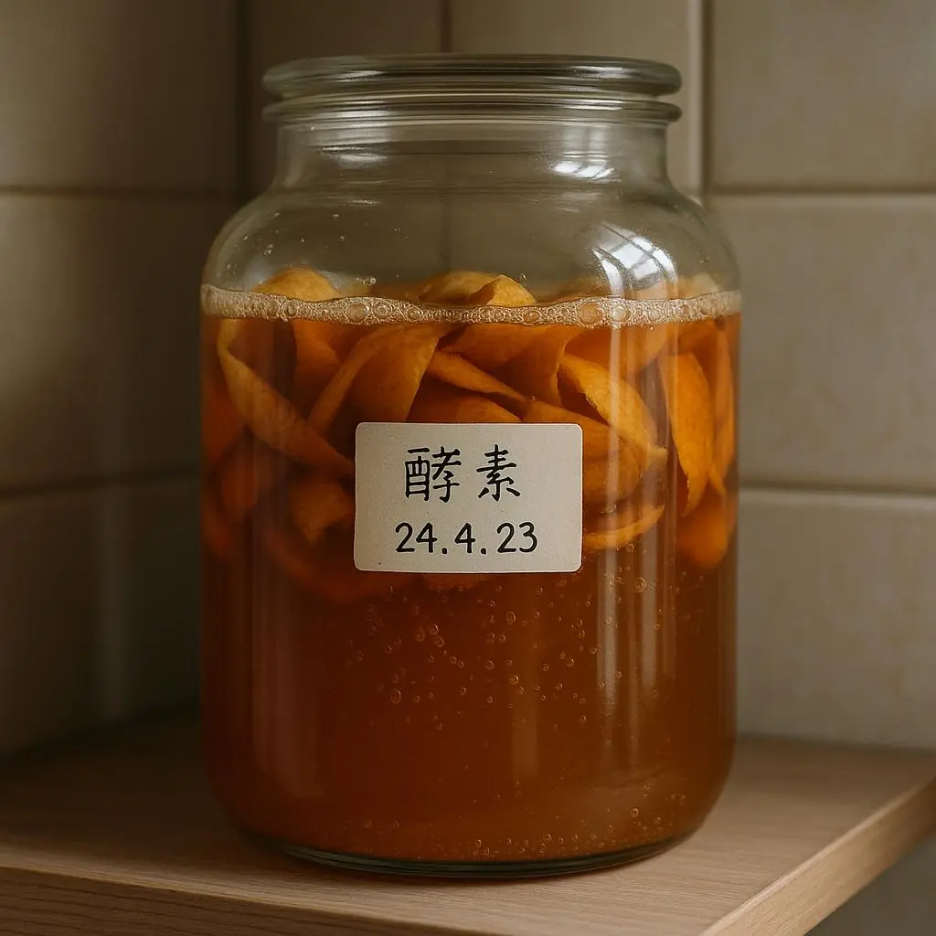 做好的酵素裝瓶並且貼上標籤寫日期