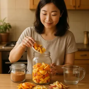 華人主婦在做水果酵素，放水果皮跟糖進玻璃罐