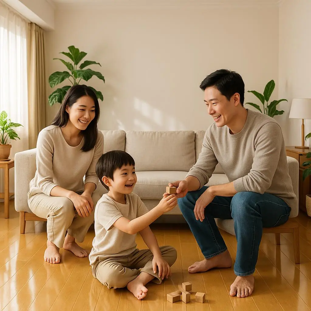 夫妻跟孩子在乾淨無毒的家庭環境中生活很開心